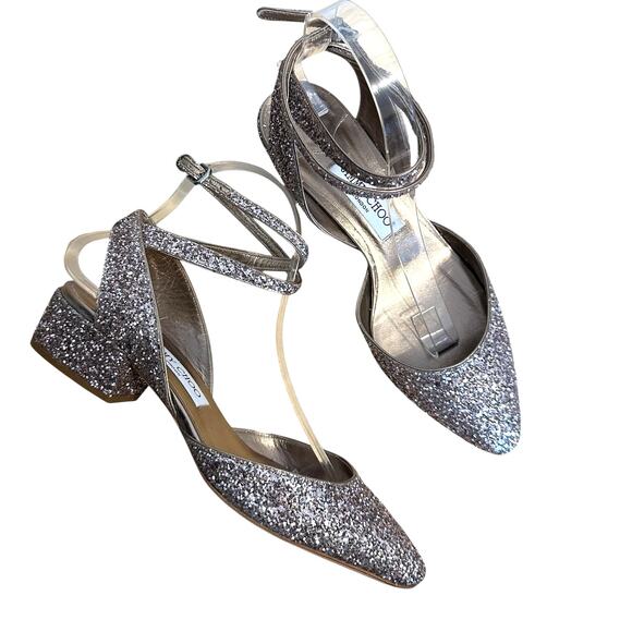Jimmy Choo Vicky Coarse Glitter Rose Gold Ankle Wrap Ballet Pumps 38.5 - Picture 1 of 10